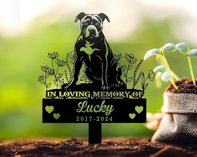 American Pit Bull Dog Metal Memorial Garden Stake, Dog Headstones Personalized, Pet Grave Markers Outdoor, Custom Name Sign Remembrance Stake, Pet Loss Memorial Plaque, Yard Sign