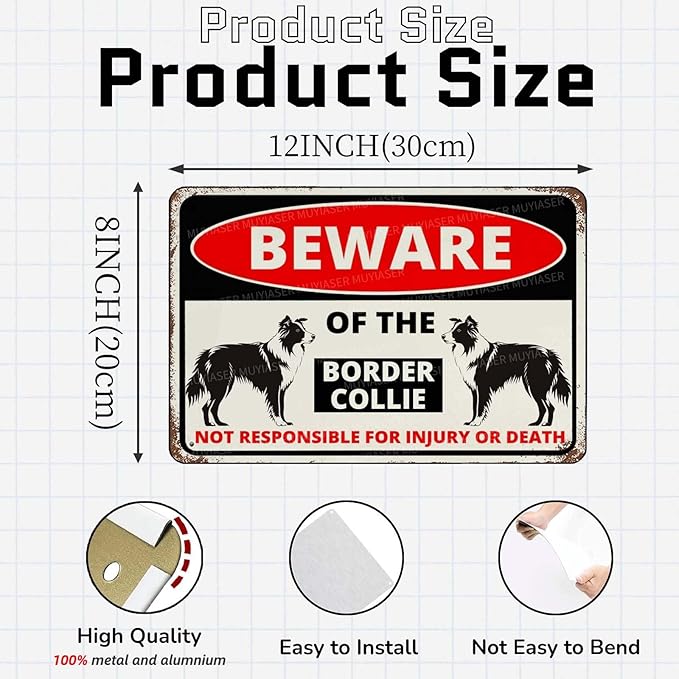 Beware Of The Dog Border Collie Sign Aluminum Metal Tin Signs Outdoor Yard Sign Warning Sign For Fence Yard Home Kitchen Farm Garden Wall Decor 8x12 Inch