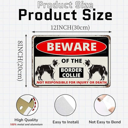 Beware Of The Dog Border Collie Sign Aluminum Metal Tin Signs Outdoor Yard Sign Warning Sign For Fence Yard Home Kitchen Farm Garden Wall Decor 8x12 Inch