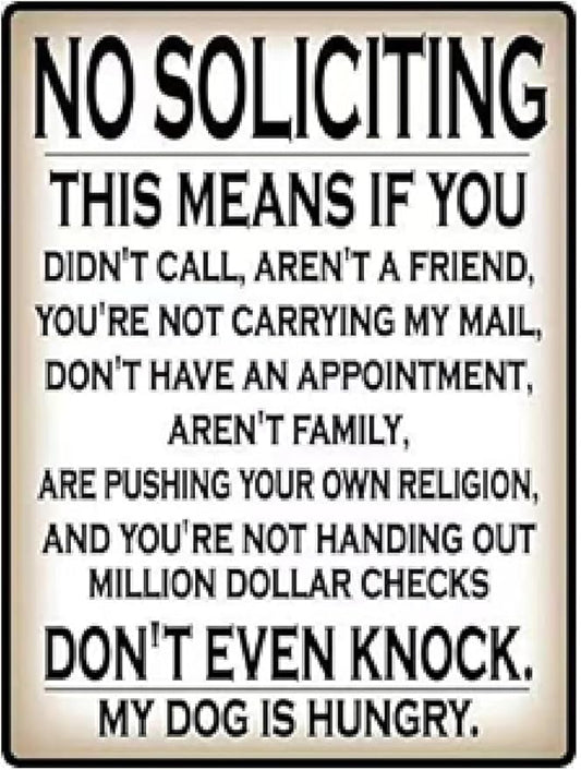 Funny No Soliciting Sign, Metal Warning Tin Signs, Don't even Knock, My Dog is Hungry, Yard Sign Garage Farm Garden Wall Decor Sign Plaque Outdoor for Home Fence 8 X 12 Inches