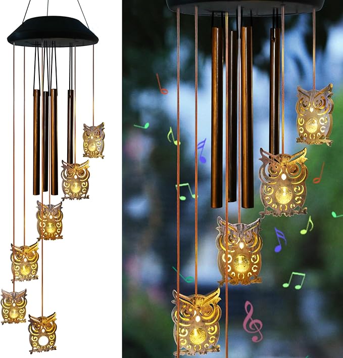 Solar Owl Wind Chimes Outdoor,Solar Wind Chimes for Outside,Hanging Lights Warm LED Garden Patio Yard Decor,Gardening Gifts for Wife Mother Grandmom,Christmas Yard Decorations