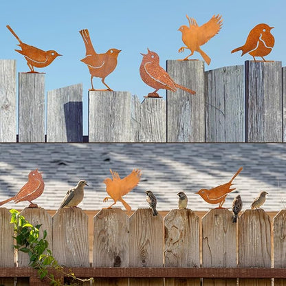 5PCS Rusty Metal Birds Decorations - Handmade Yard Art & Garden Sculptures, Rustic Metal Garden Decor for Outdoor Fences, Patio, and Bird Lovers