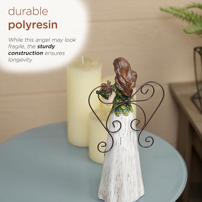 Alpine Corporation WQA1554 Floral Woodland Angel Holding Leaf Statue, Sentimental Home Décor for Patio & Garden, 12"H