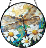 Dragonfly Suncatchers Stained Glass Window Hanging, Dragonfly Flower Sun Catchers Indoor Window Glass Round Wall Decor, Nature Insect Floral Wall Hanging Decorations, 7.9x7.9in