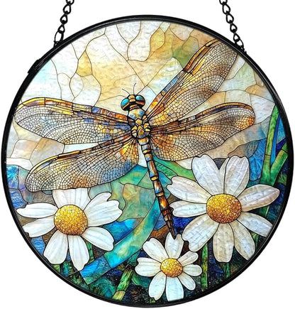 Dragonfly Suncatchers Stained Glass Window Hanging, Dragonfly Flower Sun Catchers Indoor Window Glass Round Wall Decor, Nature Insect Floral Wall Hanging Decorations, 7.9x7.9in