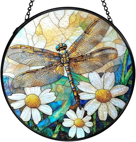 Dragonfly Suncatchers Stained Glass Window Hanging, Dragonfly Flower Sun Catchers Indoor Window Glass Round Wall Decor, Nature Insect Floral Wall Hanging Decorations, 7.9x7.9in