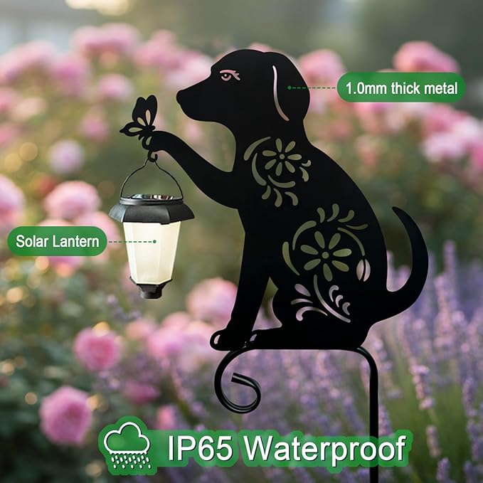 Dog Solar Lights Outdoor Garden, Beagle Dog Statues Outdoor,Metal Dogs Solar Lantern Garden Stakes for Yard,Lawn
