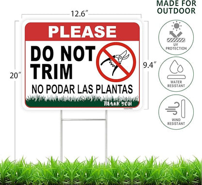 2 Pcs 12.6 X 9.4 Inch Corrugated Plastic Double Sided Do Not Trim Yard Signs with Metal Stakes,Plant Signs Bilingual Garden Markers for Outdoor Lawn