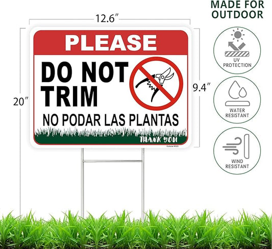 2 Pcs 12.6 X 9.4 Inch Corrugated Plastic Double Sided Do Not Trim Yard Signs with Metal Stakes,Plant Signs Bilingual Garden Markers for Outdoor Lawn