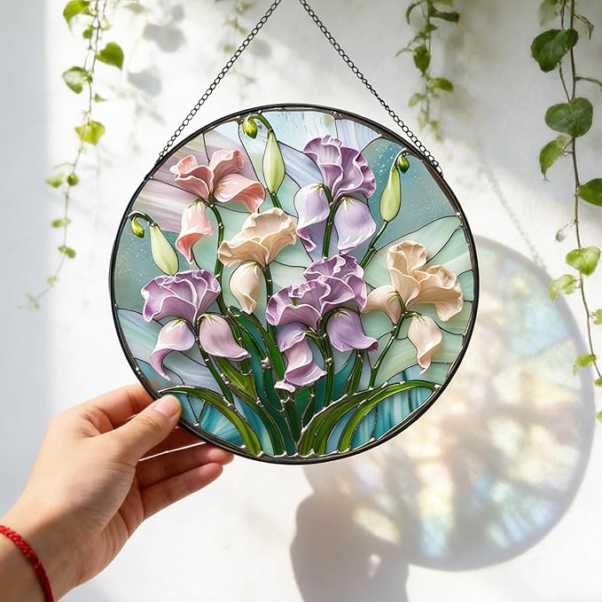 7.87" Iris Flower Stained Glass Window Hanging -Sun Catcher for Door Terrace Garden Home Decor, Green Plants Suncatcher Birthday Gifts for Mother's Day Teacher Dad Mom Nana