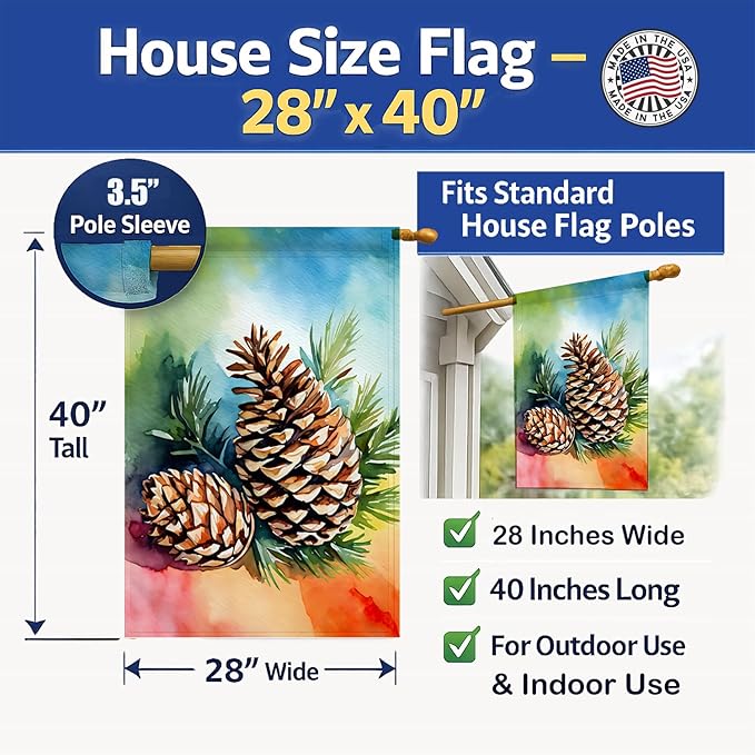 Caroline's Treasures Maine White Pine Cone and Tassels in Watercolor House Flag Large Porch Sleeve Pole Decorative Outside Yard Banner Artwork Wall Hanging, Polyester, House Size, Multicolor
