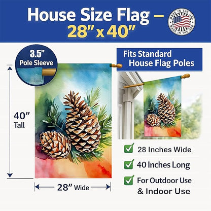 Caroline's Treasures Maine White Pine Cone and Tassels in Watercolor House Flag Large Porch Sleeve Pole Decorative Outside Yard Banner Artwork Wall Hanging, Polyester, House Size, Multicolor