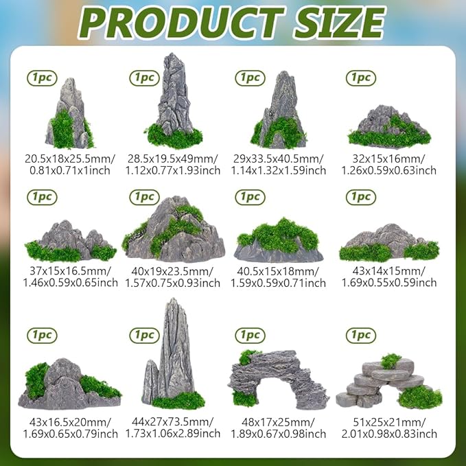 FINGERINSPIRE 12PCS Small Rockery Ornament 12 Style Resin Mini Rockery Decoration Mini Zen Garden Accessories Miniature Mountain for Bonsai Aquarium and Tabletop Display