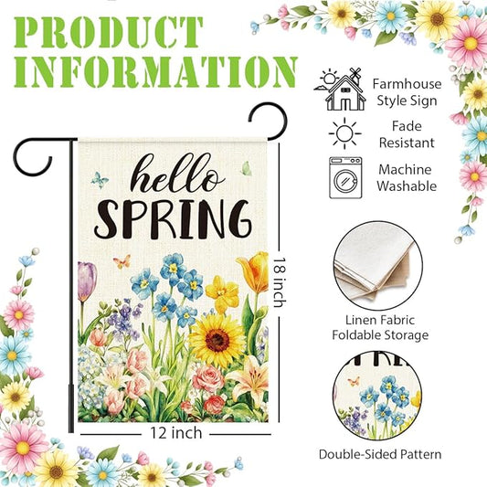 Hello Spring Garden Flag for Outside,Spring Flowers Garden Flag,Seasonal Floral Yard Lawn Porch Flags for Outdoor Decorations 12x18 Inch Double Sided