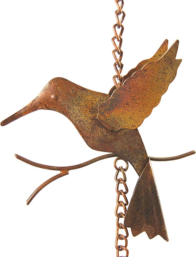 BestNest Ancient Graffiti Hummingbird & Bell Rain Chains, Pack of 2 Steel Decorative Downspout Alternatives, Flamed Copper Finish, Gutter Clip Included, 92” H Each