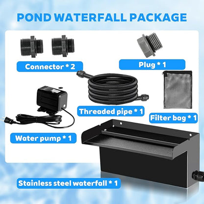 Upgraded Outdoor Pond Waterfall Kit with 50W Pump - 825 GPH Water Flow, 12.2 Inch Adjustable Waterfall Spillway & Extra Long Hose for Garden Ponds, Backyard Water Features (foundation)