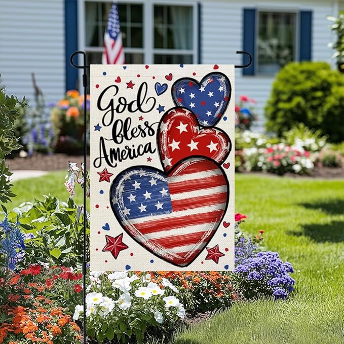 CROWNED BEAUTY 4th of July Garden Flag Patriotic Hearts Double Sided 12x18 Inches for Outside Small Burlap Independence Memorial Veterans Day Holiday Yard Decoration CF1815-12