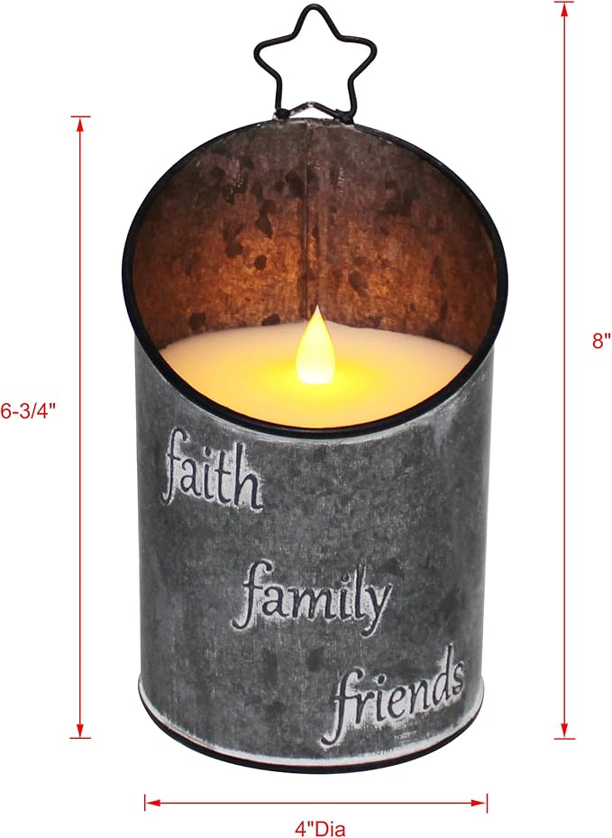 CVHOMEDECO. Vintage Galvanized Can Flameless LED Candle, Real Wax in Antique Galvanized Jar FFF Flickering Candle with Remote Control for Tabletop Wall Decor. H 8 Inch, Gray