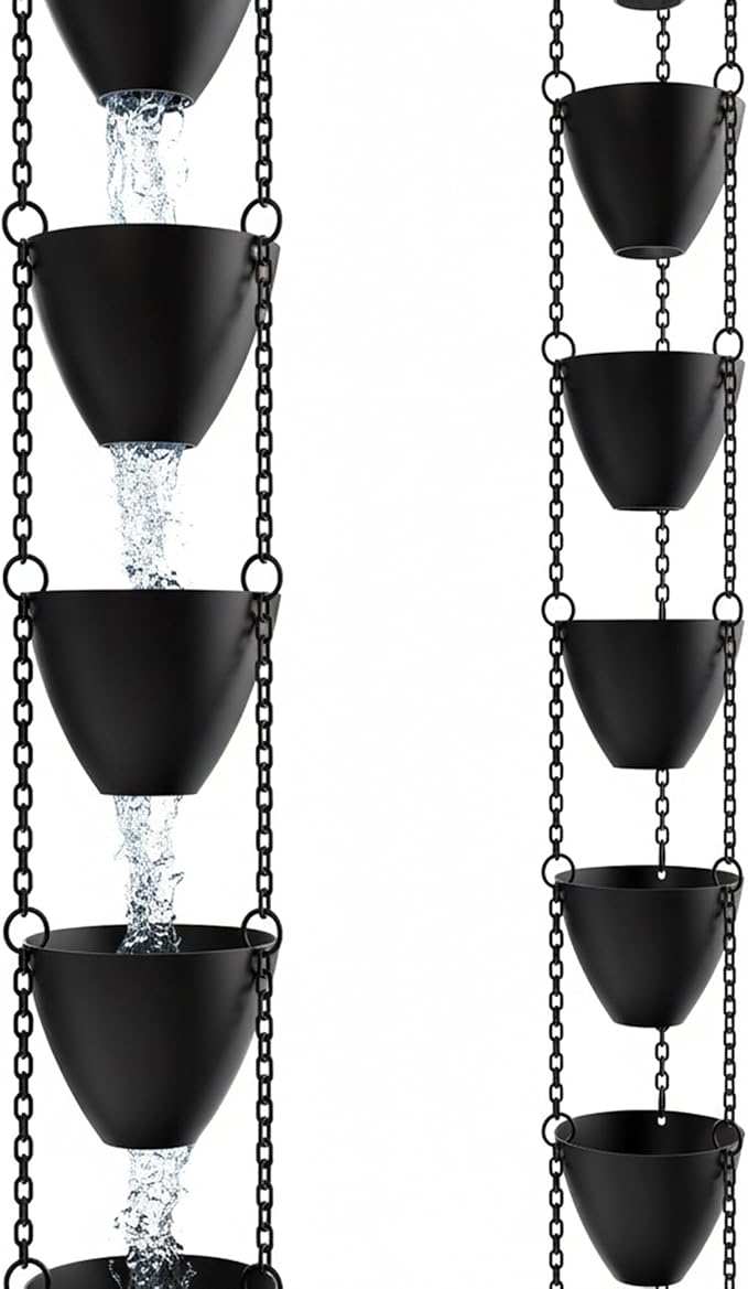 Rain Chains Direct Cascading Bowls Rain Chain - Heavy Rain Flow - for 8-10 Foot Drops - Heavy Duty - Large Cups - Durable Flat-Black Powder-Coated Aluminum - Premium Rain Chains for Gutters
