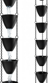 Rain Chains Direct Cascading Bowls Rain Chain - Heavy Rain Flow - for 8-10 Foot Drops - Heavy Duty - Large Cups - Durable Flat-Black Powder-Coated Aluminum - Premium Rain Chains for Gutters