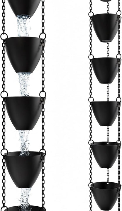 Rain Chains Direct Cascading Bowls Rain Chain - Heavy Rain Flow - for 8-10 Foot Drops - Heavy Duty - Large Cups - Durable Flat-Black Powder-Coated Aluminum - Premium Rain Chains for Gutters