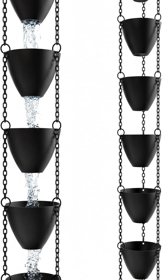 Rain Chains Direct Cascading Bowls Rain Chain - Heavy Rain Flow - for 8-10 Foot Drops - Heavy Duty - Large Cups - Durable Flat-Black Powder-Coated Aluminum - Premium Rain Chains for Gutters