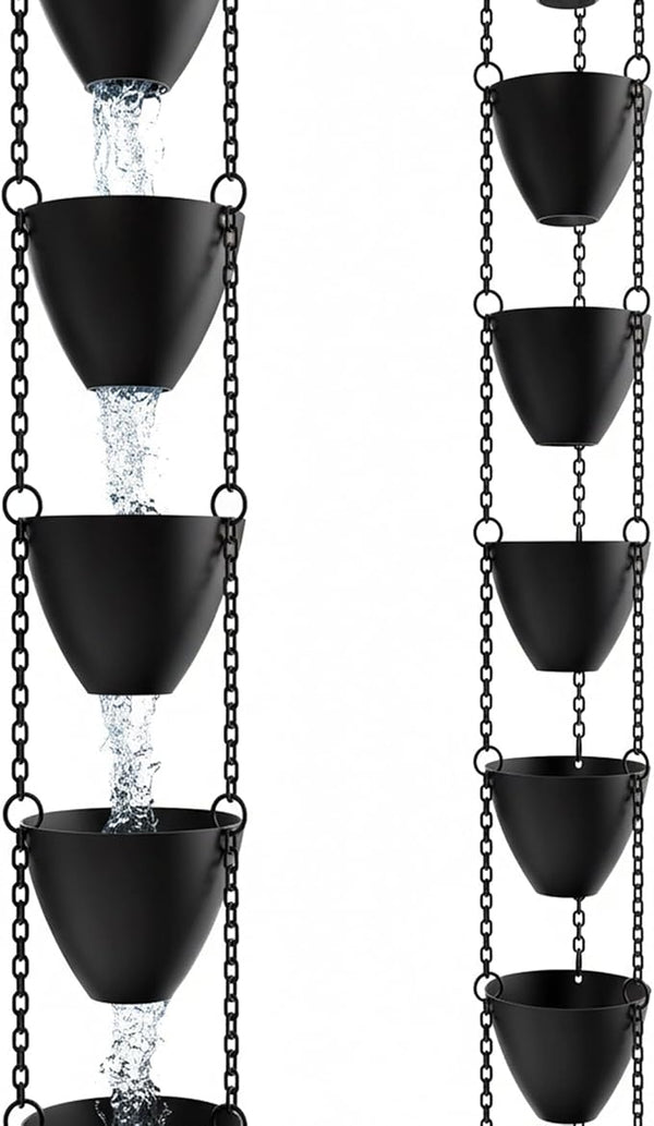 Rain Chains Direct Cascading Bowls Rain Chain - Heavy Rain Flow - for 8-10 Foot Drops - Heavy Duty - Large Cups - Durable Flat-Black Powder-Coated Aluminum - Premium Rain Chains for Gutters