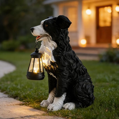 COWOS Solar Border Collie Dog Statue with Lantern, Resin Outdoor Garden Decor, Solar Powered LED Dog Sculpture for Patio Porch Yard