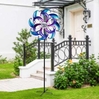 WONDER GARDEN Wind Spinners for Yard and Garden-Solar Wind Spinners - 61 Inch Blue Wind Sculptures & Spinners with LED Changing Light Glass Ball for Garden Patio Outdoor Decor