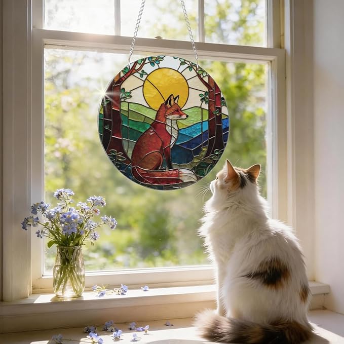 Moon Fox Acrylic Suncatcher, Artistic Colorful Sun Catcher, Indoor Window Wall Art, Boho Acrylic Window Hanging, Home Garden Decors, Christmas Decor Ornaments