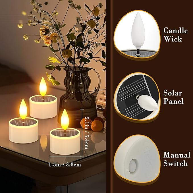Yme Solar Tea Lights Outdoor Waterproof, 6 Pack Small Rechargeable Flameless LED Flickering Solar Candles with Dusk to Dawn Sensor, Votive Lights for Lanterns Garden Patio Hanging Wedding Party Decor