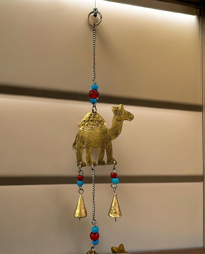 Recycled Iron Indian Camel Home Decor Bells Wall Hanging Chimes, Iron Metal Wall Art Decor, Antique Wind Chime Decoration, Indoor, Patio, Country Decor Size 85cm Height