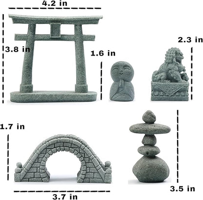 6 PCS Mini Zen Garden Accessories, Miniature Garden Bridge Foo Dogs Torii Gate Sandstone Figurines Meditation Zen Decor Japanese Fish Tank Terrarium Decorations Plant Pots Bonsai Craft Decor (M)