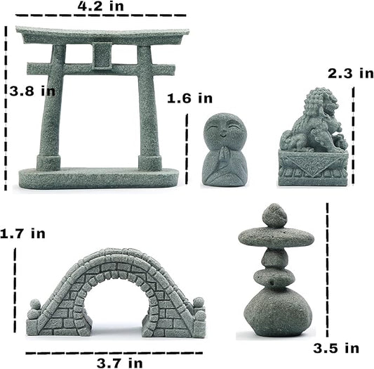 6 PCS Mini Zen Garden Accessories, Miniature Garden Bridge Foo Dogs Torii Gate Sandstone Figurines Meditation Zen Decor Japanese Fish Tank Terrarium Decorations Plant Pots Bonsai Craft Decor (M)