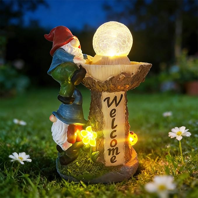 Solar Powered Garden Gnome Welcome Sign with LED Cracked Glass Ball, Outdoor Statue Decor for Patio Yard Lawn Walkway, for Mom Grandma (Red)