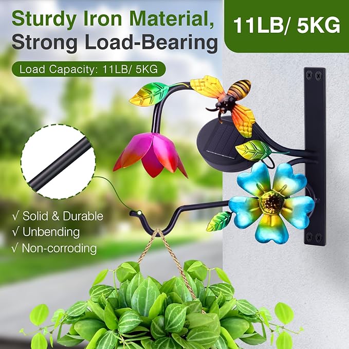 Lewondr Plant Hangers with Solar Light,9 Inch Metal Hanging Plant Bracket Outside,Bee Plant Wall Hook Solar Lights Outdoor for Wall,Flower Basket,Bird Feeder,Lantern,Wind Chime,2 Pack