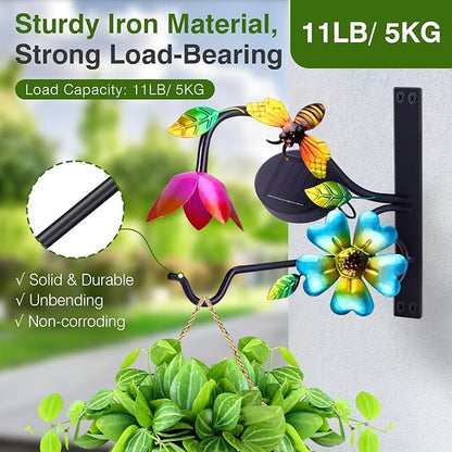 Lewondr Plant Hangers with Solar Light,9 Inch Metal Hanging Plant Bracket Outside,Bee Plant Wall Hook Solar Lights Outdoor for Wall,Flower Basket,Bird Feeder,Lantern,Wind Chime,2 Pack