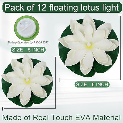 LACGO 12 PCS Diwali Waterproof Floating Lotus Light - Floating Flower Light Battery Operated Water Activated Warm White Pool Flower Lamp Wedding,Anniversary,Garden Decoration(6Inch & 5Inch)