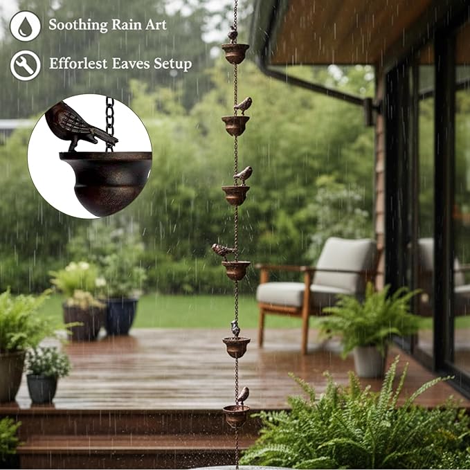 Metal Bird Rain Chain for Gutters, 9.5 Ft Rust-Resistant Outdoor Rain Catcher with Hanging Gutter Adapter, Perfect for Heavy Rain, Indoor/Outdoor Decoration, Dark Bronze Finish