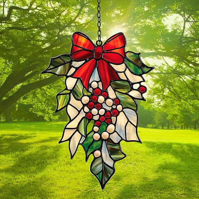 Mistletoe Acrylic Suncatcher Stained Glass Effect Window Car Hanging Christmas Ornament Indoor Outdoor Decor Garden Sun Catcher Panel for Christmas Lover for Women Mom Grandma