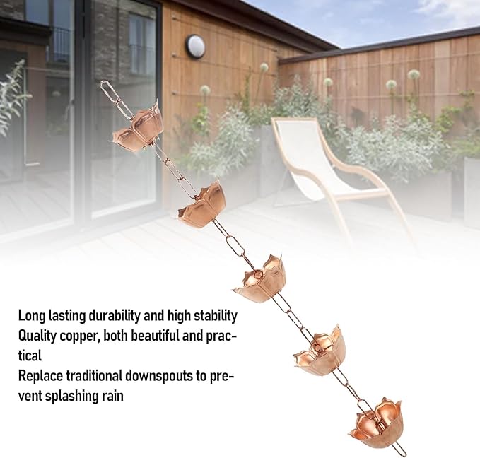 LICAEVEY Rain Chain, Handcrafted Copper Decorative Rain Catcher for Gutters Downspout Replacement, with 5 Flower Shaped Cups for Garden Terrace Decor