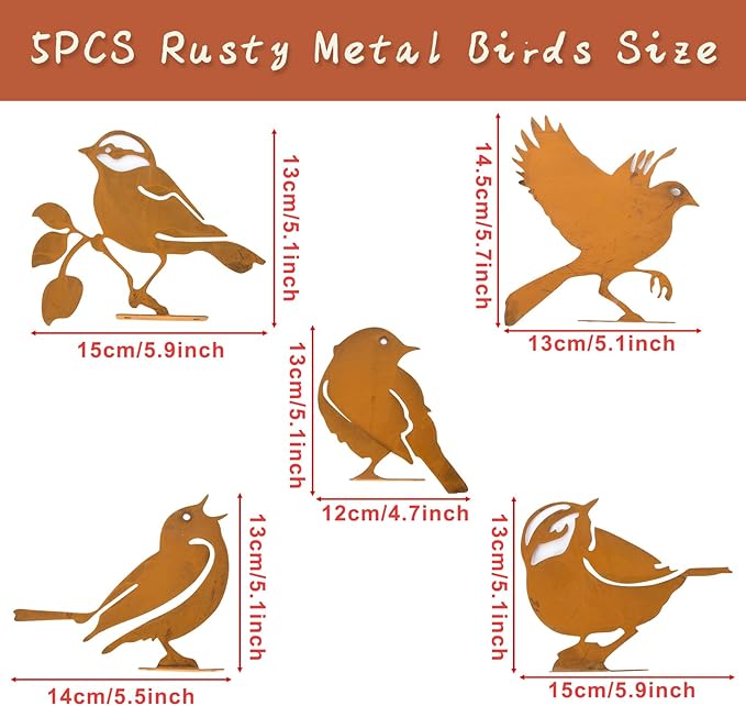 Rusty Metal Birds Garden Wrens Decor Set of 5 - Vintage Yard Art for Fence & Outdoor Rustic Bird Statues, Life-Size Wren Silhouettes, Weather-Resistant Metal Birds for Garden, Patio, and Home Decor