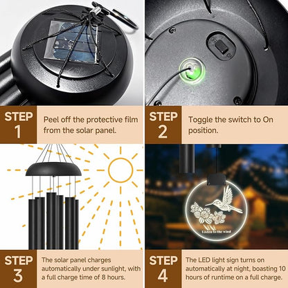 Solar Wind Chimes for Outside, 6 Tubes Relaxing Melody Wind Chimes with Hummingbird LED Windcatcher, Windchimes for Garden Patio Decor, Great Gift Idea for Mother's Day
