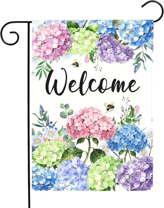 Welcome Hydrangea Garden Flag Spring Summer Colorful Floral Yard Flags Watercolor Flowers Bee Design Seasonal Porch Durable Polyester House Banners for Lawn Patio Outdoor Decor 12 x 18 Inch