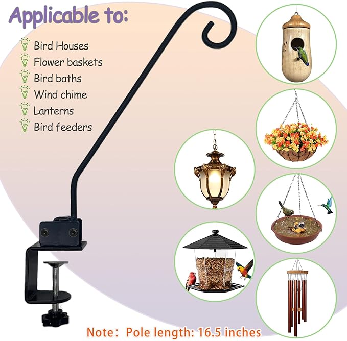 Heavy Duty Deck Hook,Courtyard Decoration,Pole 16.5”Long Metal Deck Railing Hooks for Hanging Bird Feeders,Planters,Suet Baskets,Lanterns,Wind Chimes,Clamp Mounted,Under 18 LBS
