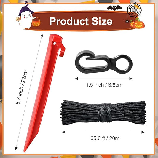 Plastic Inflatable Stakes Set for Halloween Christmas Holiday Inflatables Garden Decorations, Include 12PCS Inflatable Tent Stakes, 12Pcs of Hooks, and 65.5 FT Rope