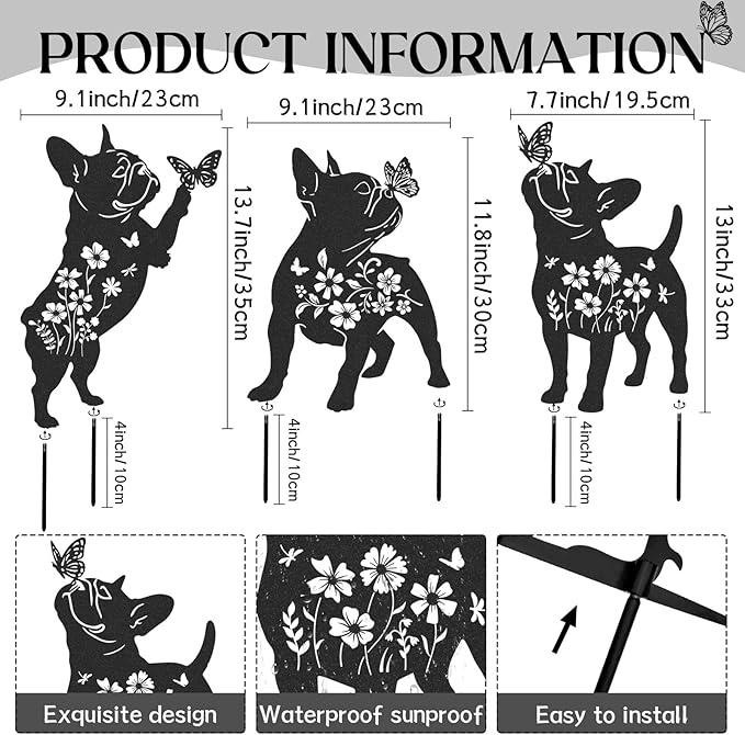 French Bulldog Gifts Decor - 3 Pcs Metal Garden Stakes Outdoor Animal Statue Decorations Patio Lawn Pathway Yard Art Ornaments Butterfly Flower Silhouette Christmas Birthday for Dog Lover