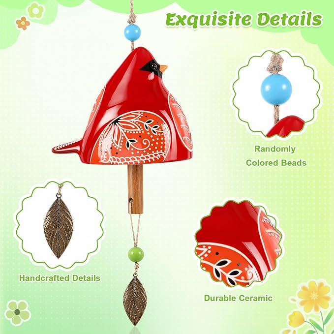 SiliFine 2 Pcs Mother's Day Ceramic Bird Wind Chime Gift with 3D Pop up Card Handmade Cardinal Windchime for Outside Indoor Garden Patio Decor Housewarming Birthday Gifts for Mom Women Bird Lovers