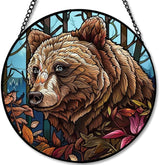 Stained Glass Window Hanging Bear with Leaves 6.3in Sun Catchers Panel for Indoor Decorative Display for Mom Wife Lovers Festive
