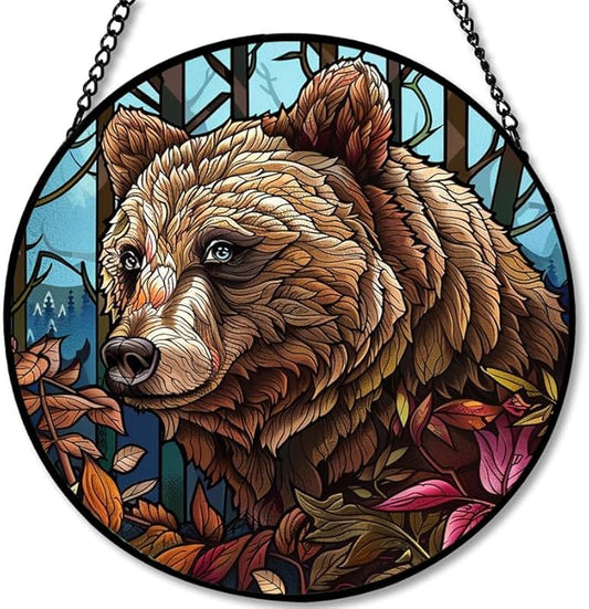 Stained Glass Window Hanging Bear with Leaves 9.8in Sun Catchers Panel for Indoor Decorative Display for Mom Wife Lovers Festive